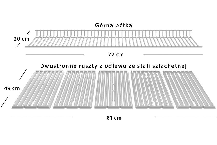 Wymiary rusztów i półki górnej w grillu gazowym Broil King Imperial 590