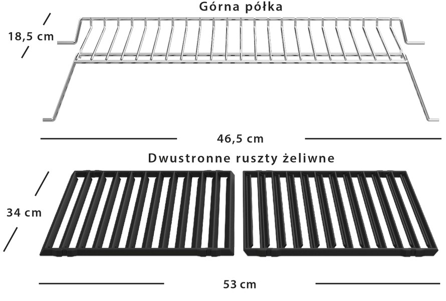 Wymiary rusztów i półki górnej w grillu gazowym Broil King Gem 310 Shadow