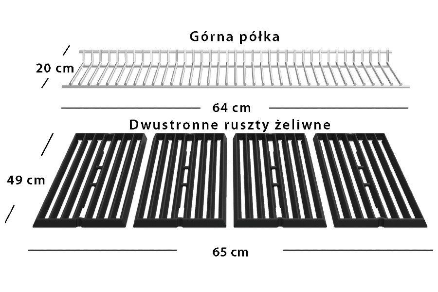 Wymiary rusztów i półki górnej w grillu gazowym Broil King Regal 490