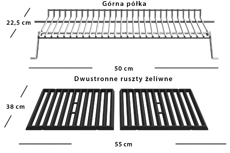 Wymiary półki górnej oraz rusztów w grillu gazowym Broil King Shadow serii 300